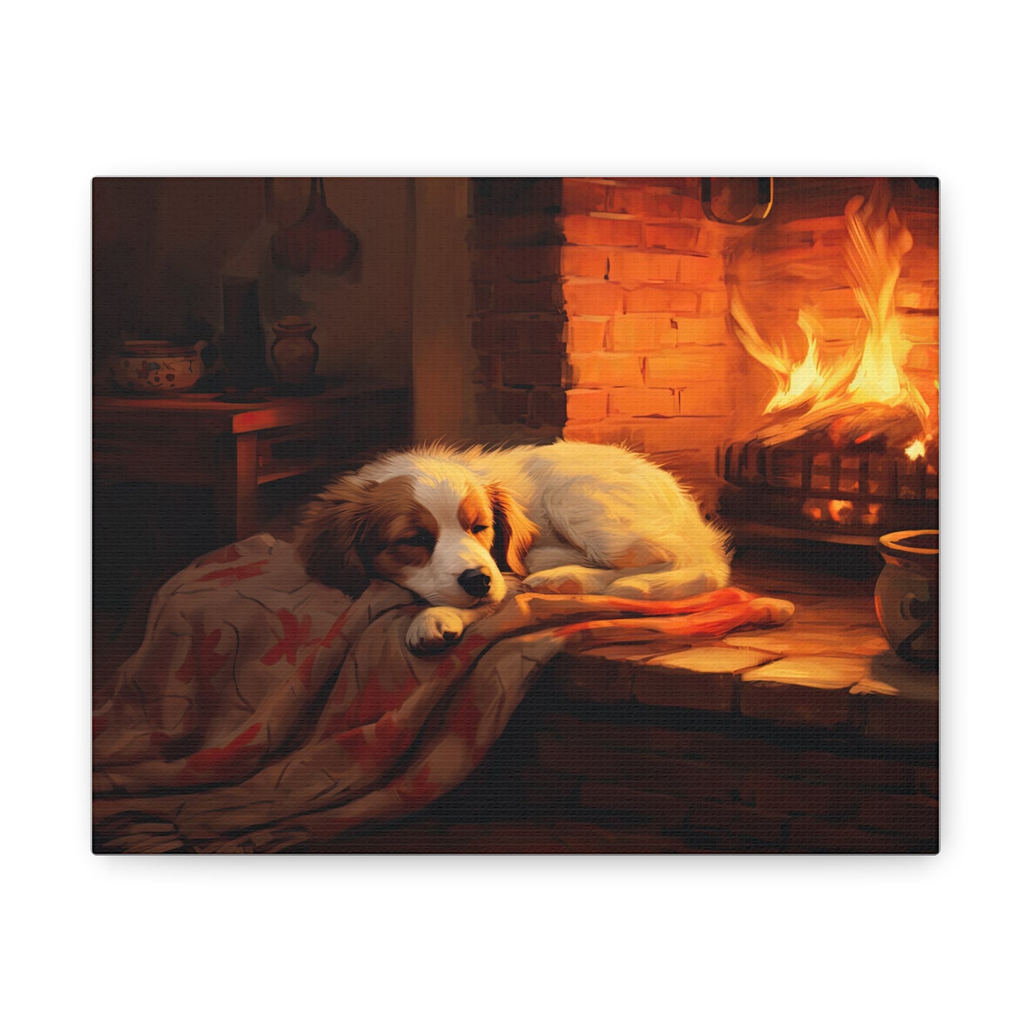 Puppy by the Fire 10" x 8" Canvas Print